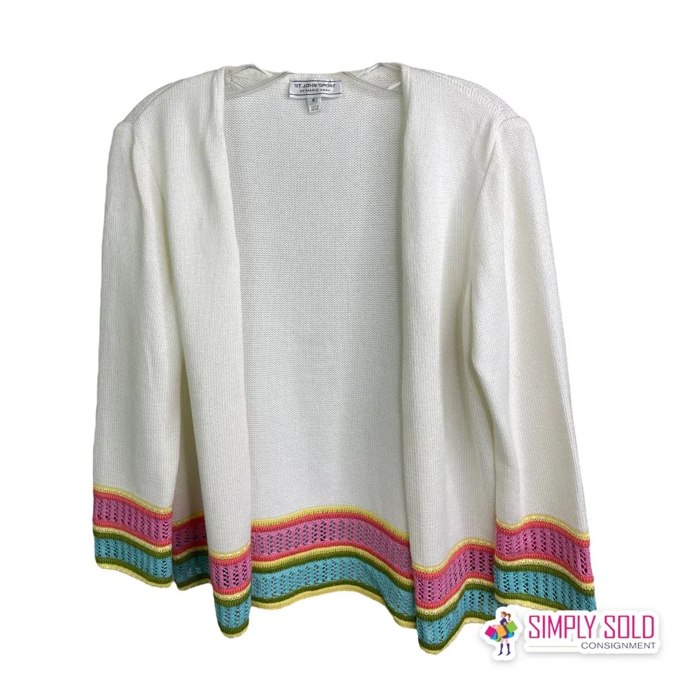 St. John Sport by Marie Gray Womens Cardigan Sweater Cream Knit Quarter Sleeve S